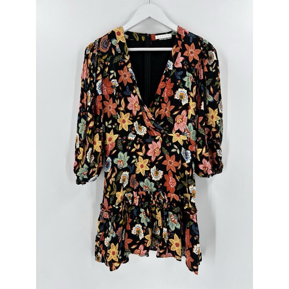 Karlie Mini Dress Womens Medium Black Floral V Neck Ruffles Long Sleeves Casual